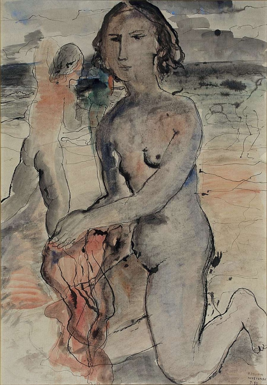 Expressionist painting of two abstract, nude figures with earthy tones, one kneeling with a red cloth in a surreal landscape.