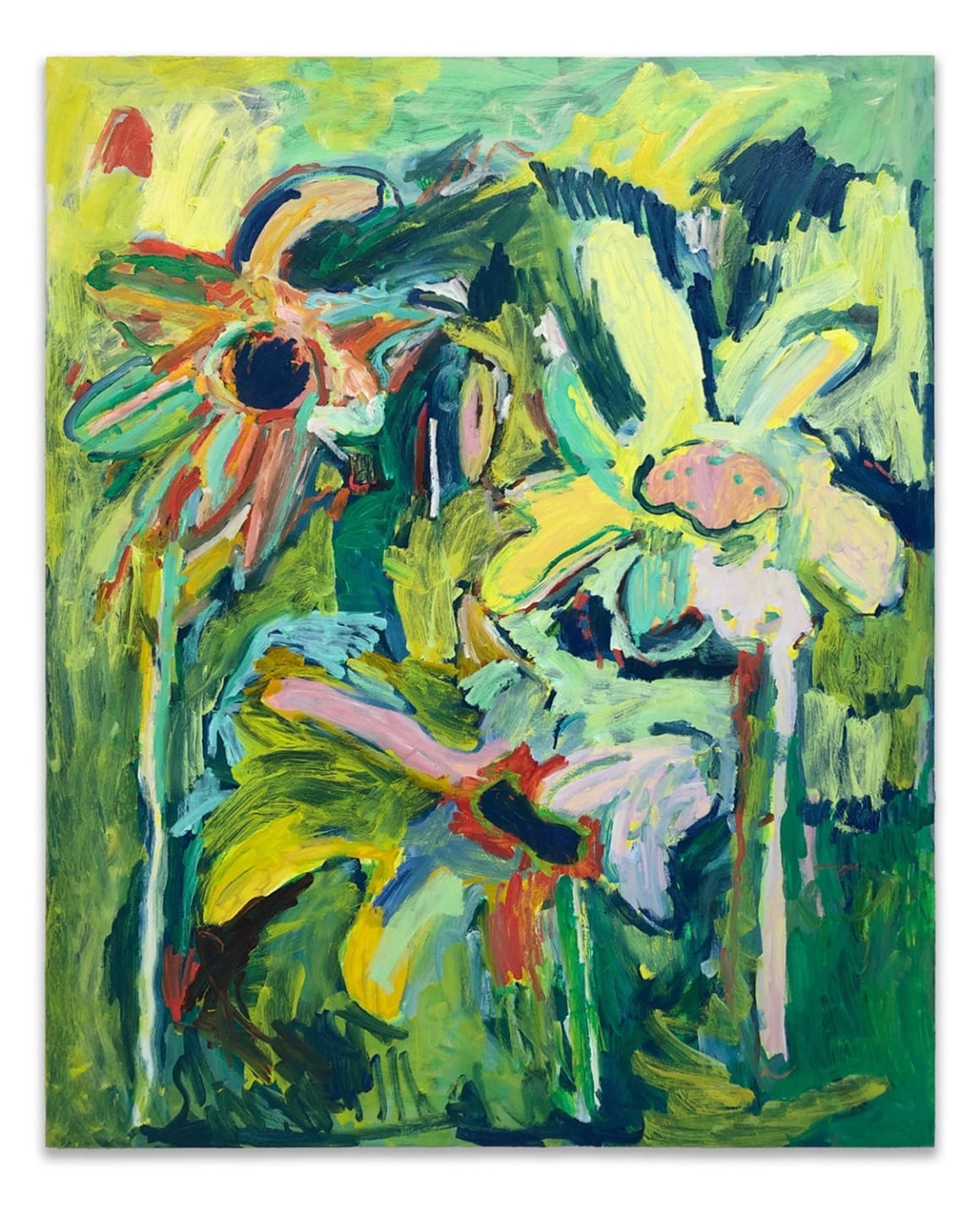 Abstract painting of colorful flowers with green and yellow background, featuring bold brushstrokes and vibrant hues.