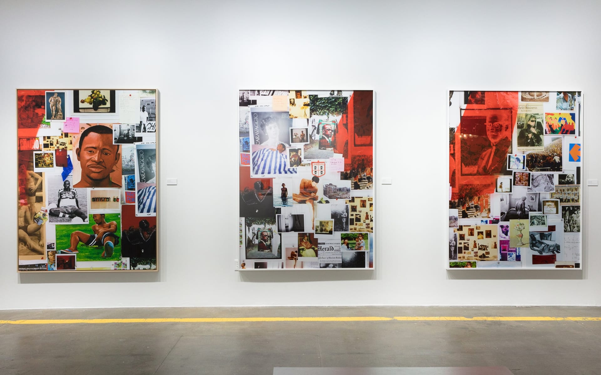 Three large collage artworks displayed on a gallery wall, each featuring a mix of photographs and colorful elements.