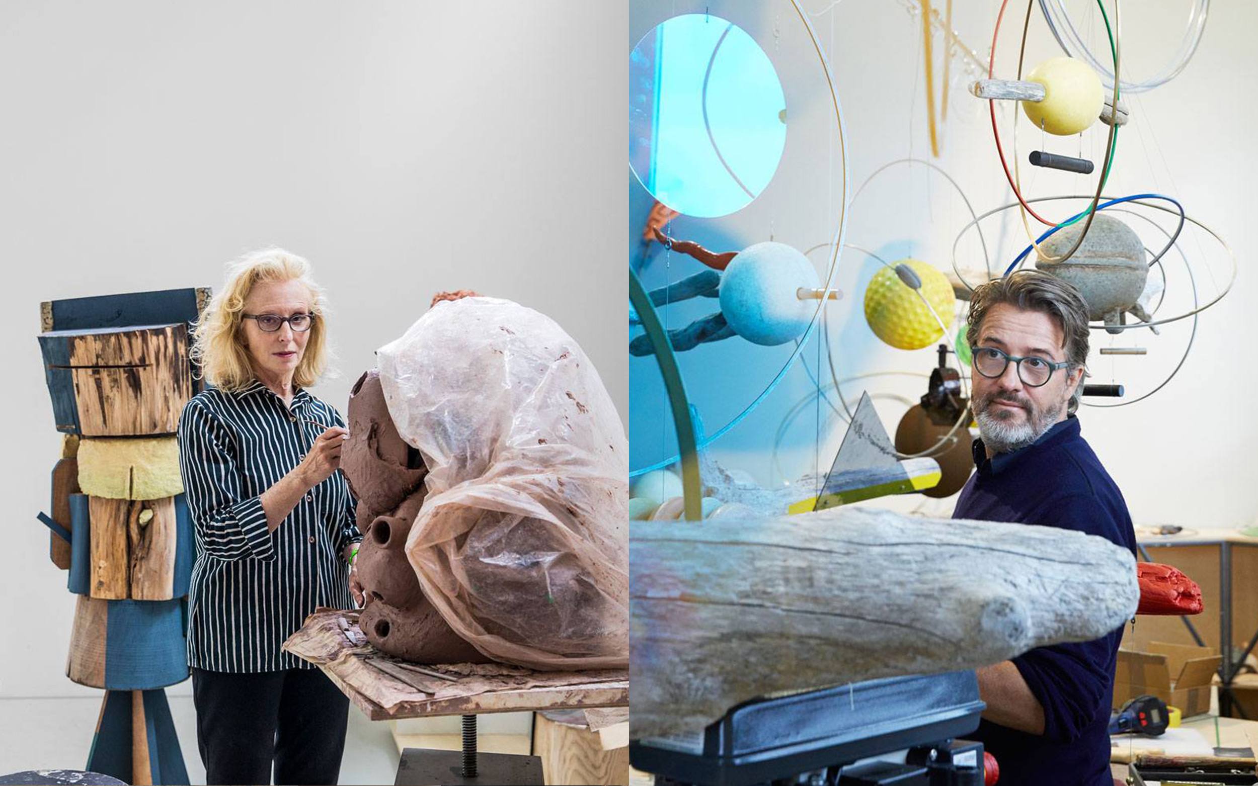 Two artists working in a studio with various sculptures and colorful abstract art pieces around them
