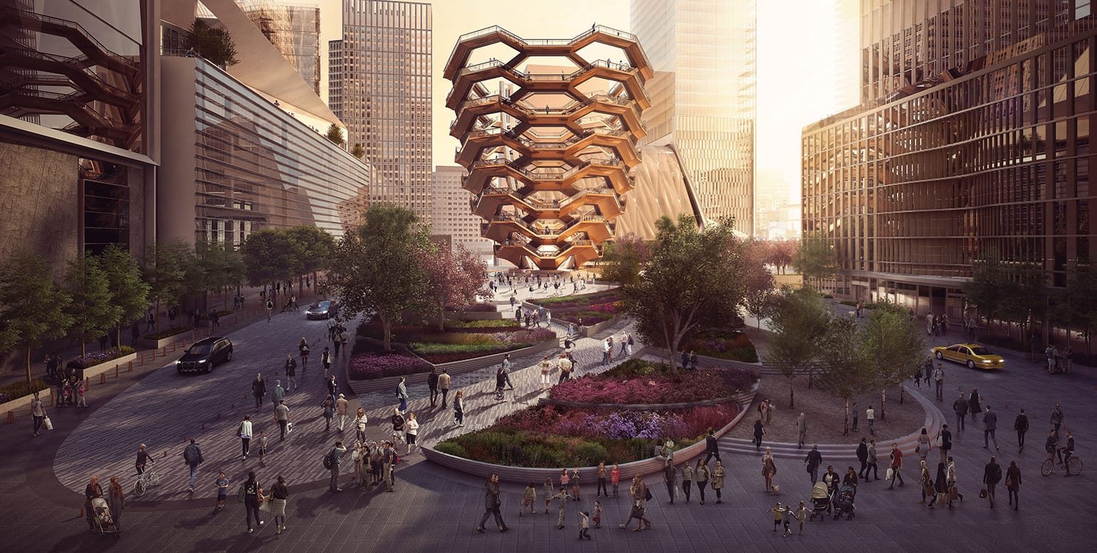 People walking around a futuristic, honeycomb-like structure in a bustling city plaza at sunset.