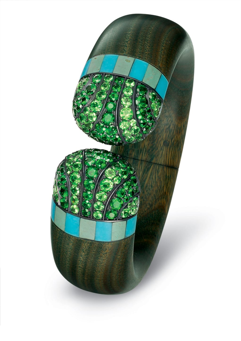 Wooden bracelet with green and turquoise gemstones, featuring intricate design and elegant craftsmanship.