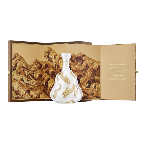 White porcelain bottle with golden dragon patterns, displayed against an open book-style backdrop with intricate gold designs.