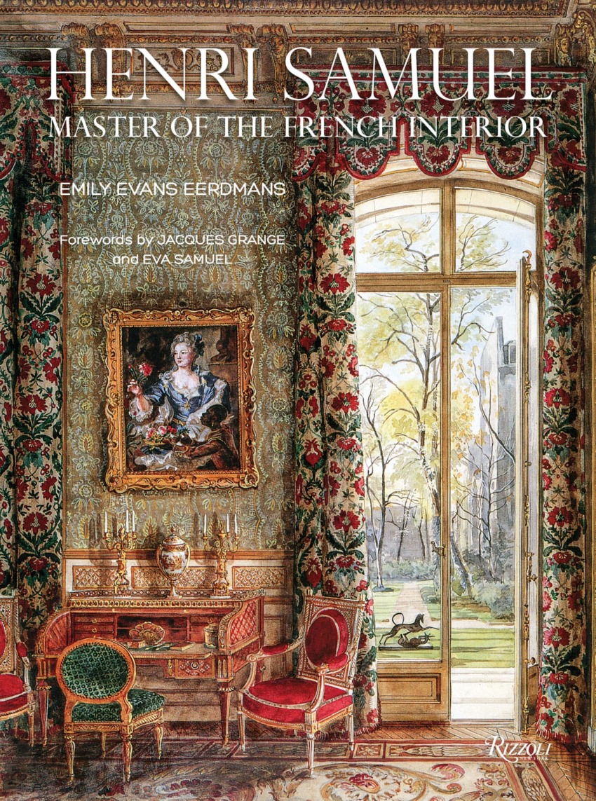 Book cover of "Henri Samuel: Master of the French Interior" featuring ornate room with large window and decorative artwork.