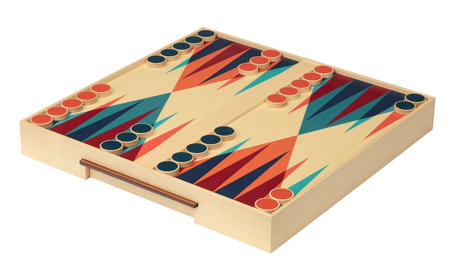 Colorful backgammon board with geometric design and pieces arranged for play.