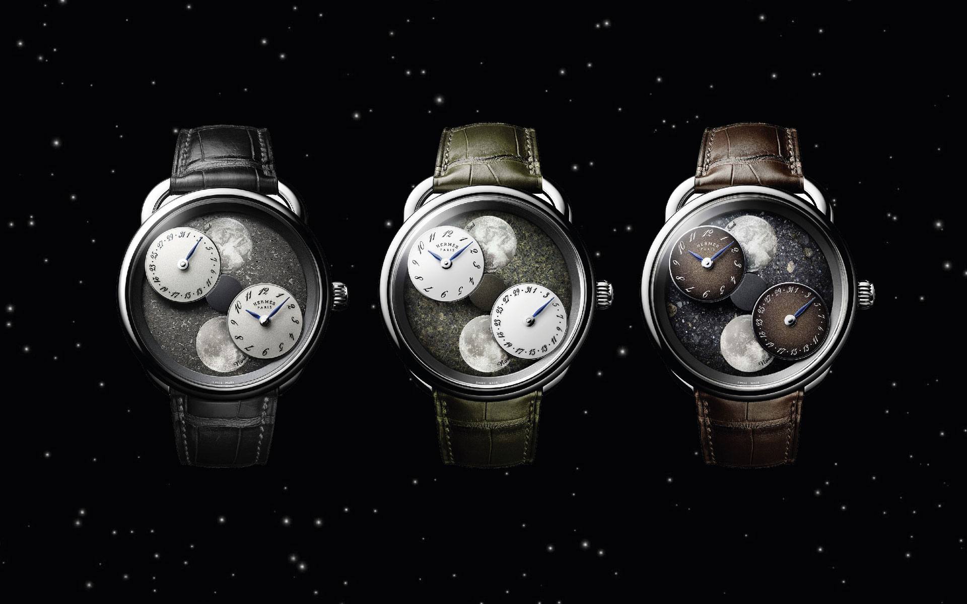 Three luxury watches with moon phase designs on starry background.