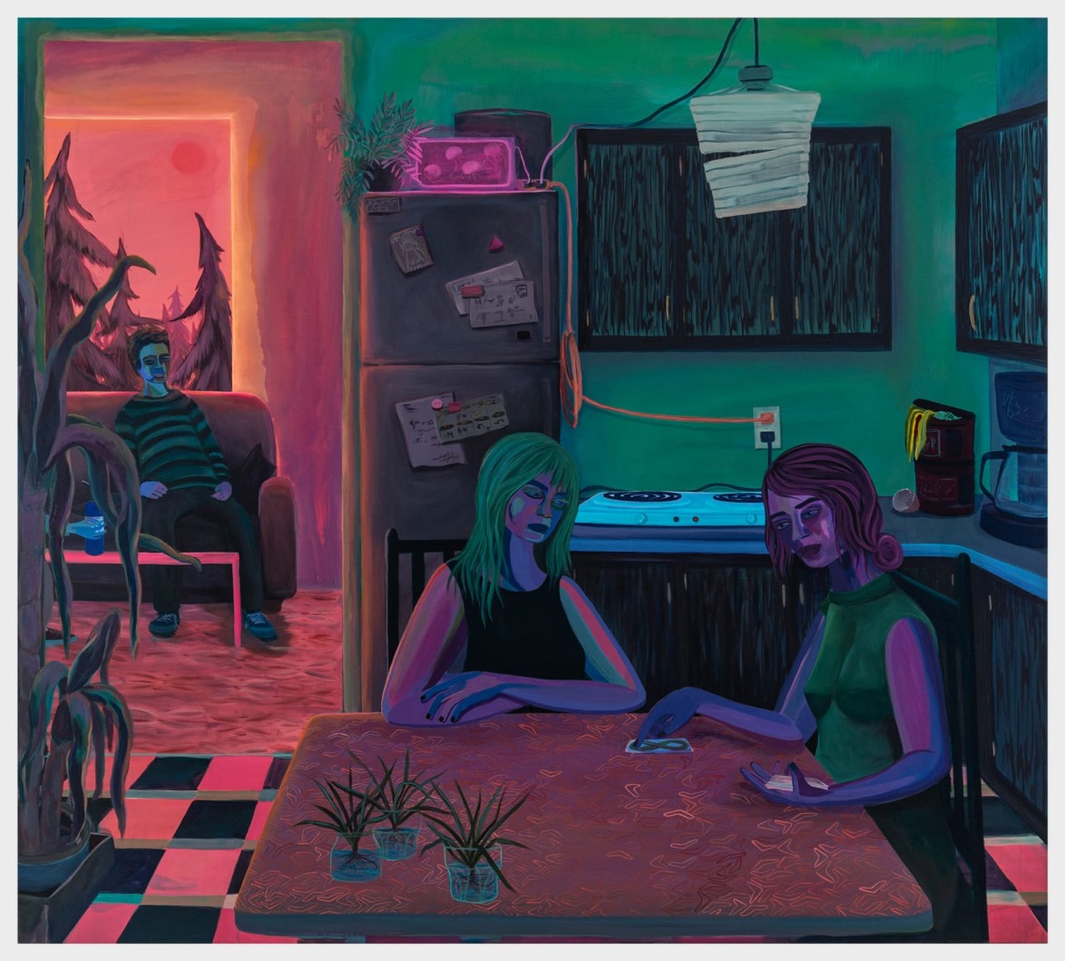 Surreal painting of two women at a kitchen table and a person sitting in the background, with vibrant colors and abstract elements.