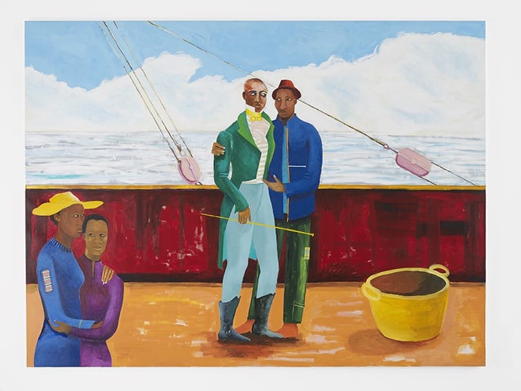 Painting of four people on a ship deck with a red railing, ocean backdrop, and a large yellow bucket in the foreground.