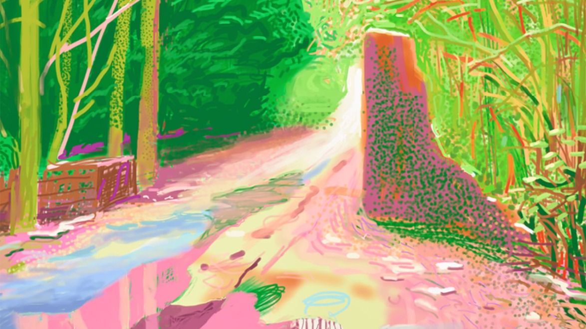 Abstract digital painting of a vibrant forest path with bright colors and dynamic, swirling brushstrokes.