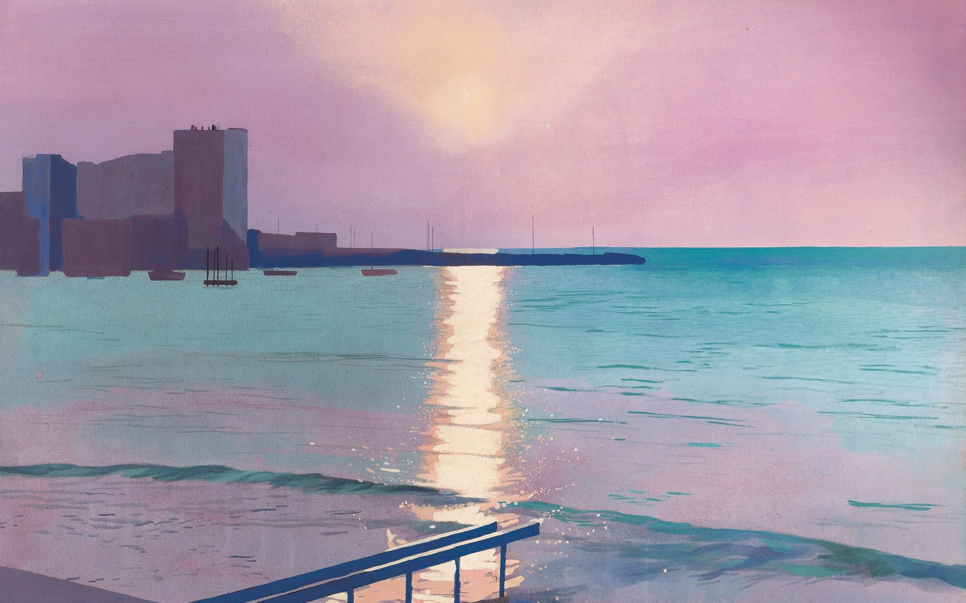 Sunset over a calm sea with a reflection on the water, silhouetted buildings, and a railing in the foreground.