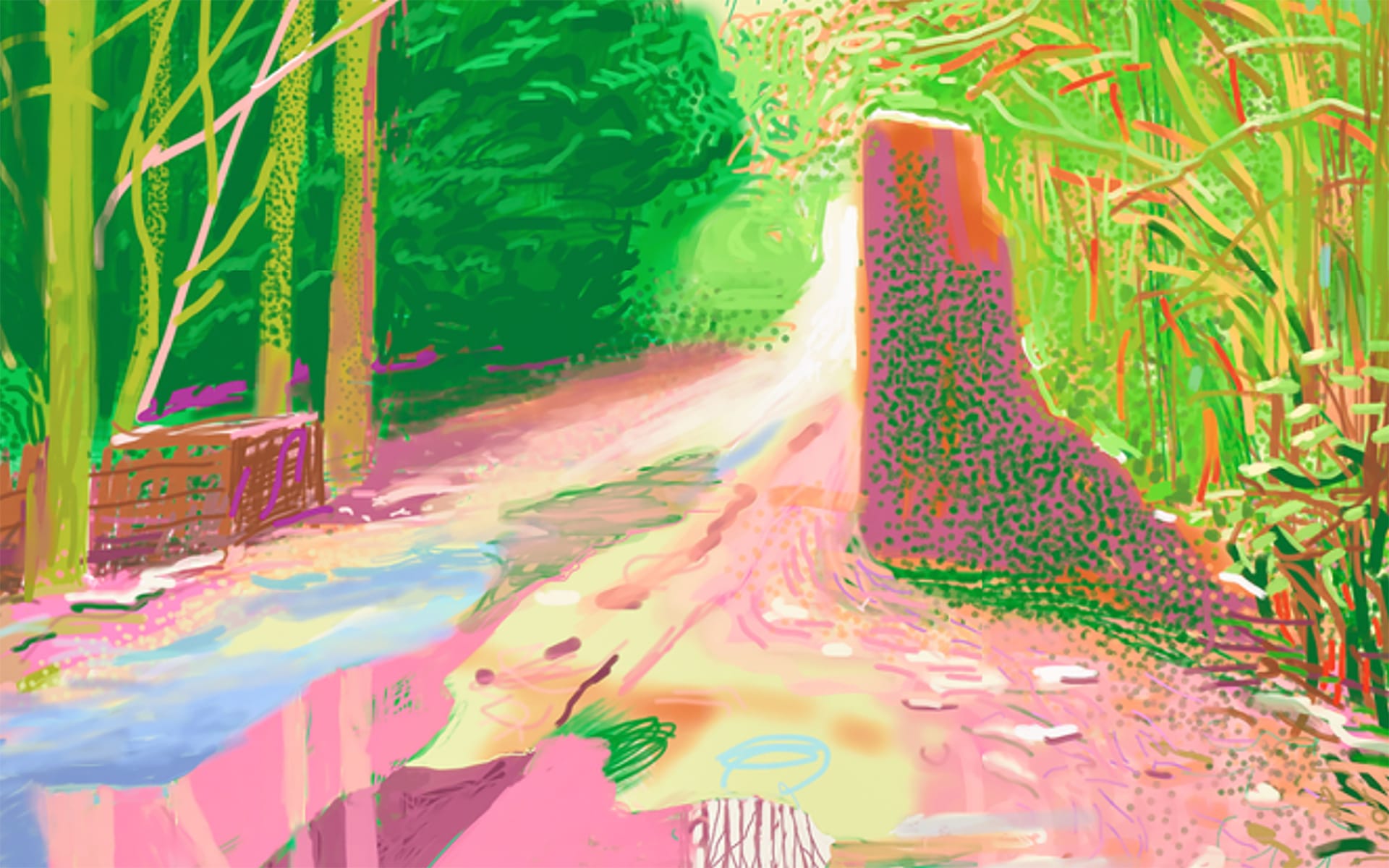 Abstract digital painting of a vibrant forest path with bright colors and dynamic, swirling brushstrokes.