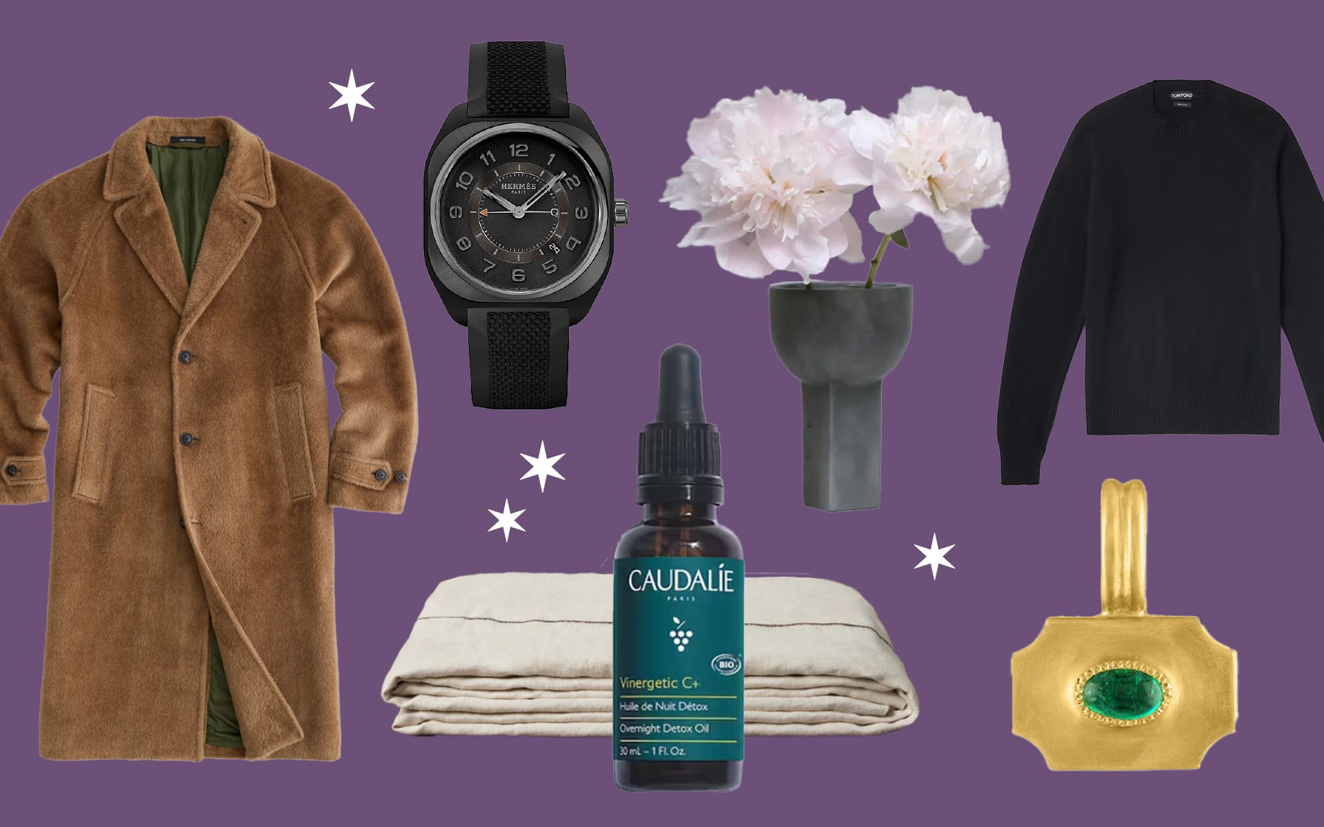Coat, watch, flowers in vase, black sweater, oil bottle, folded linens, and gold pendant on purple background.
