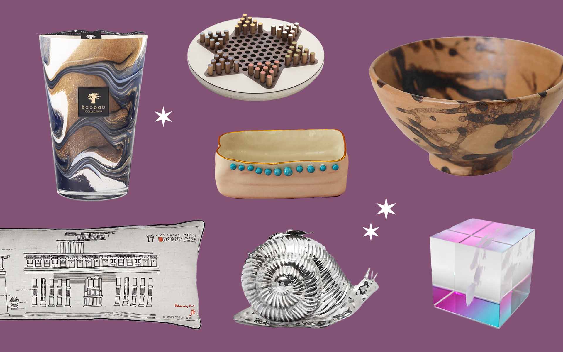 Assorted decorative home items on a purple background, including bowls, a pillow, a star-shaped object, and a cube.