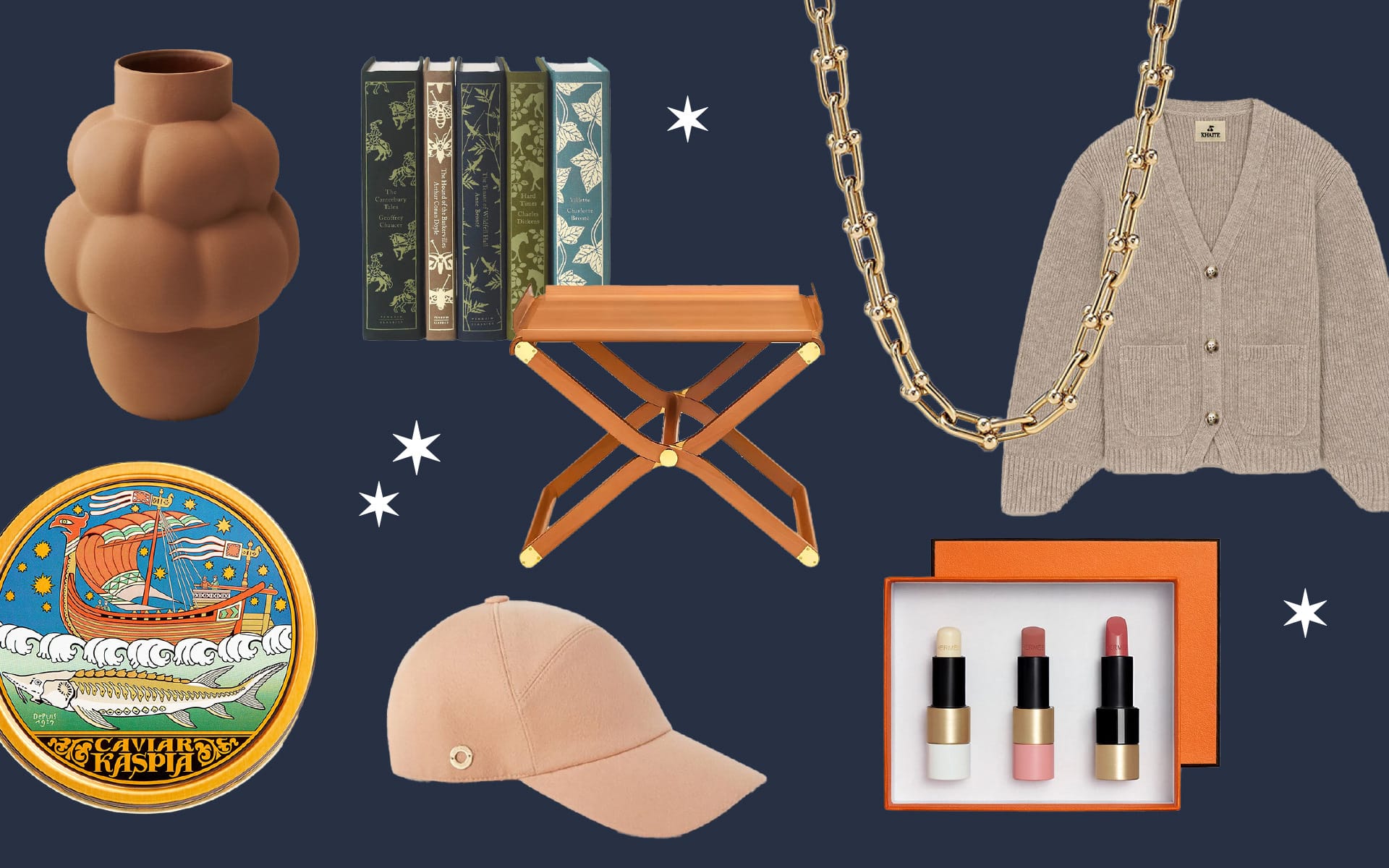 Collection of stylish home decor, books, makeup, and fashion accessories on a dark background with star accents.