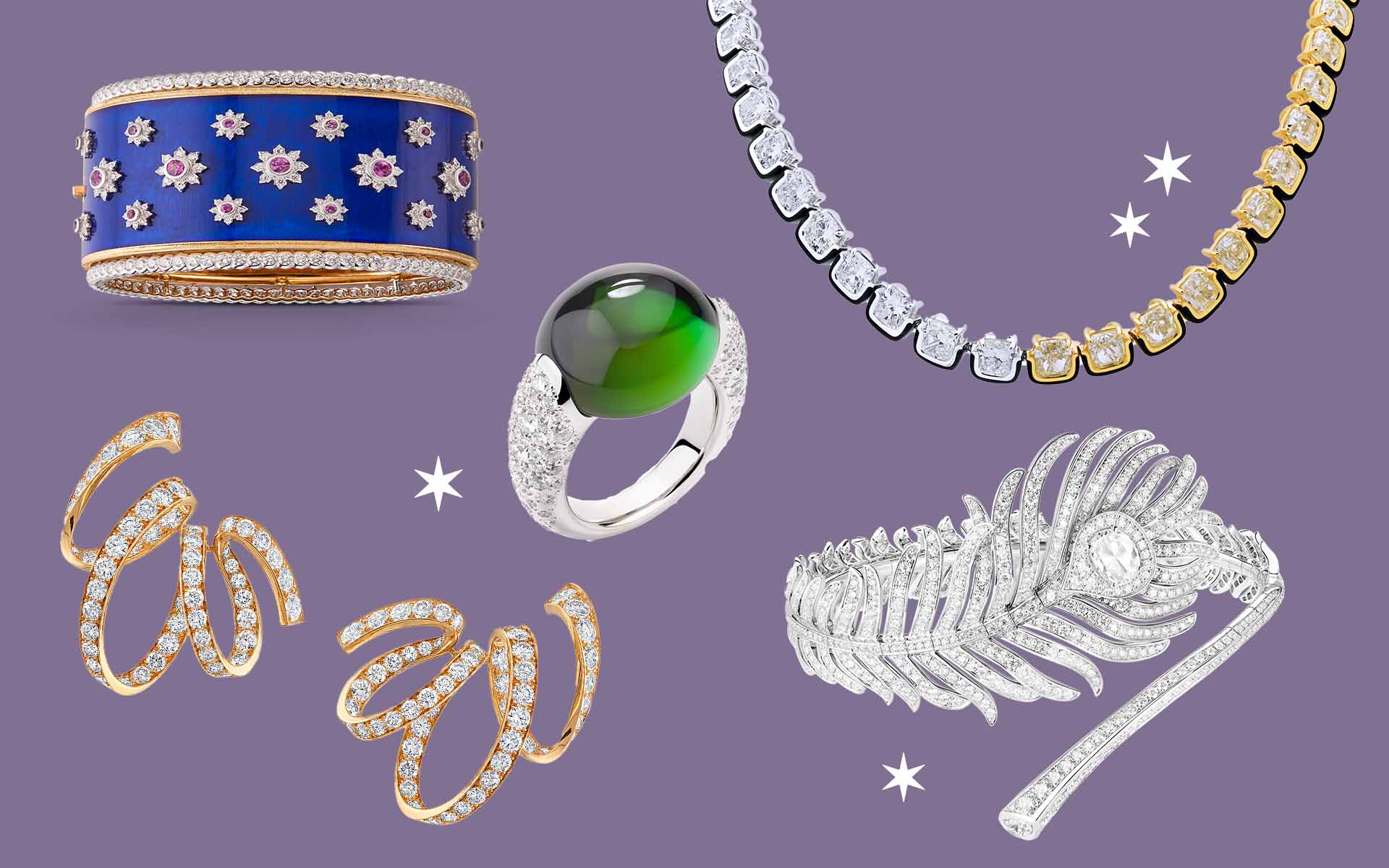 Assorted luxury jewelry pieces on a purple background, including rings, bracelets, and necklaces with diamonds and gems.