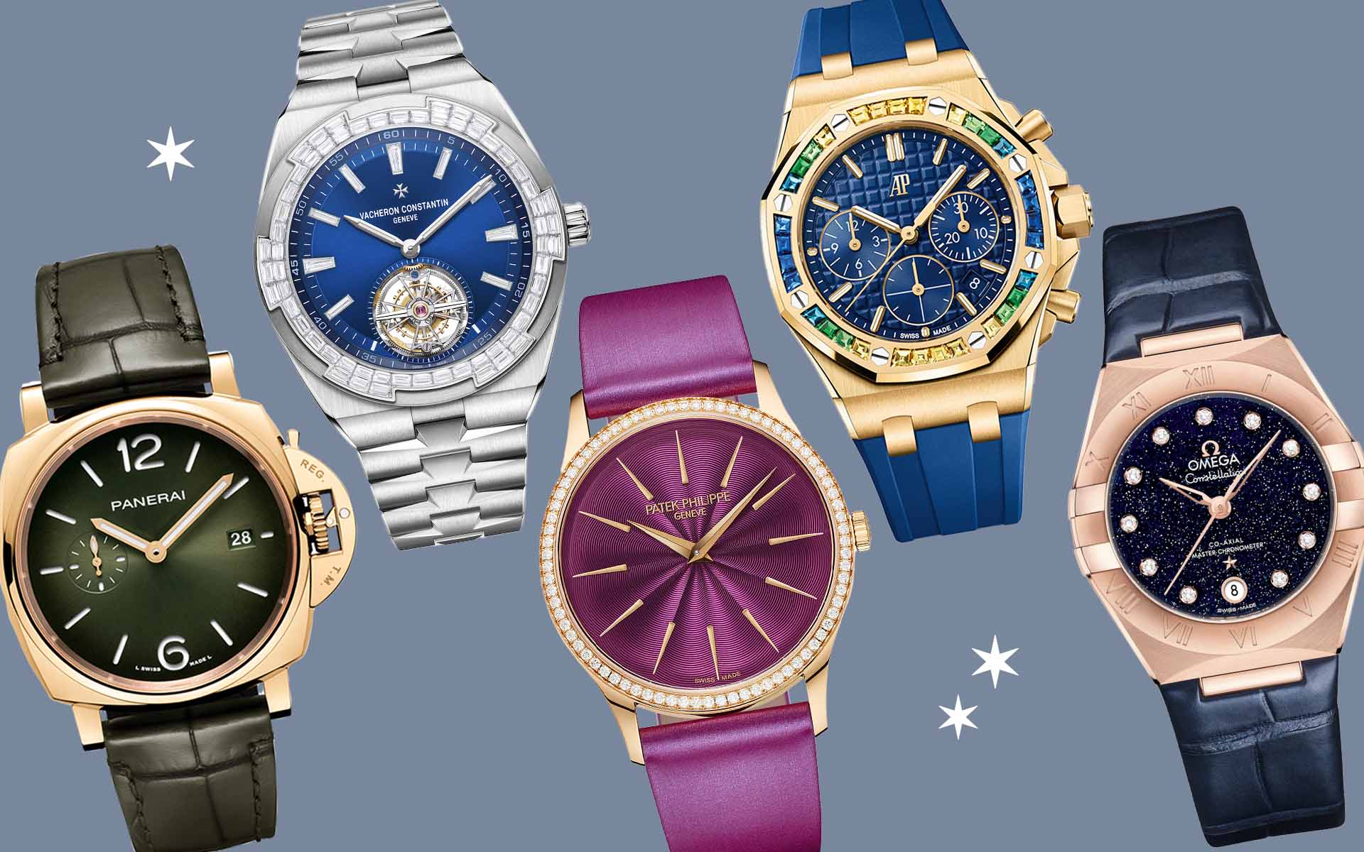 Five luxury wristwatches on a gray background, featuring various designs and colors including blue, gold, purple, and green.