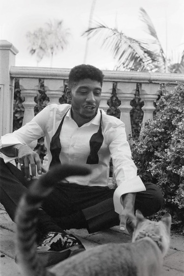Man sitting on a terrace with an unbuttoned shirt and bow tie, petting a cat, surrounded by tropical plants.
