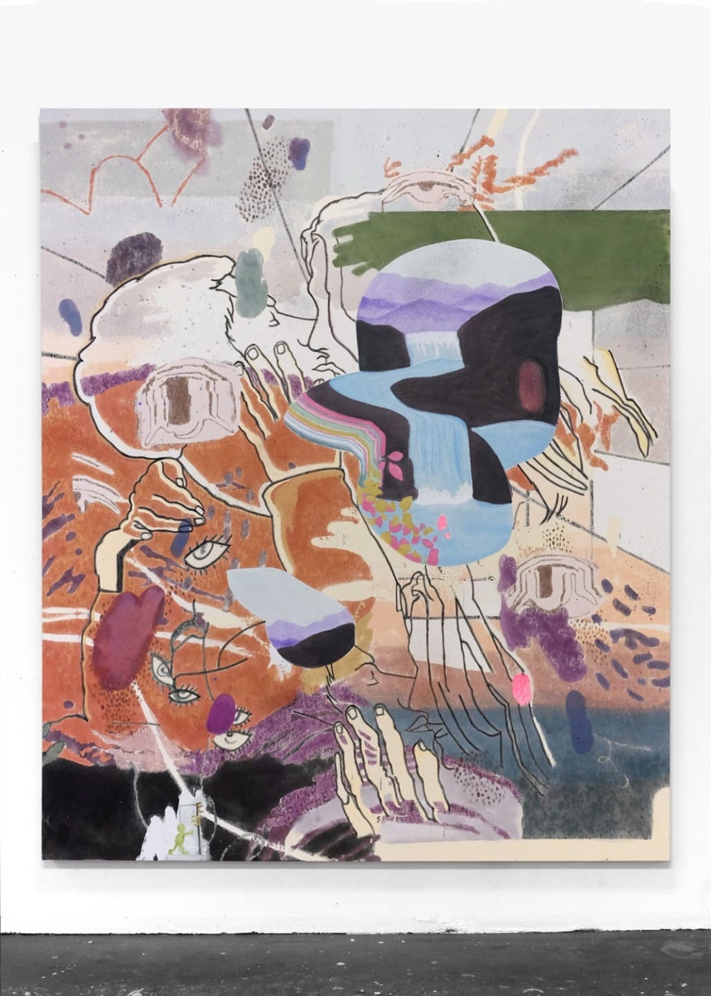 Abstract painting with varied colors and shapes, featuring hands, eyes, and organic forms on a white background.