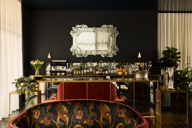 Post Company layered the lobby bar at the Hotel Saint Augustine with a mix of contemporary furnishings and vintage treasures.