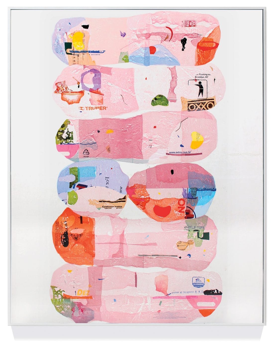 Abstract artwork with pink and red geometric shapes, textures, and small collage elements on a white background.