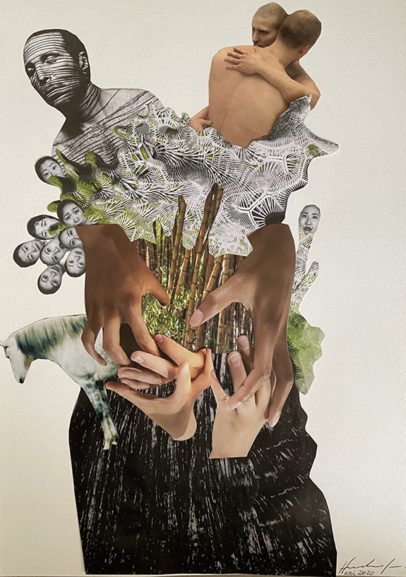 Surreal collage featuring human figures, hands, and leaves, creating a blend of nature and emotion.