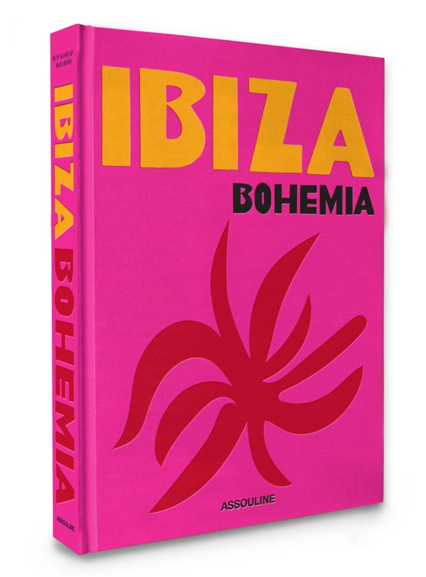 Pink and yellow book cover titled "Ibiza Bohemia" with abstract red design and bold lettering.