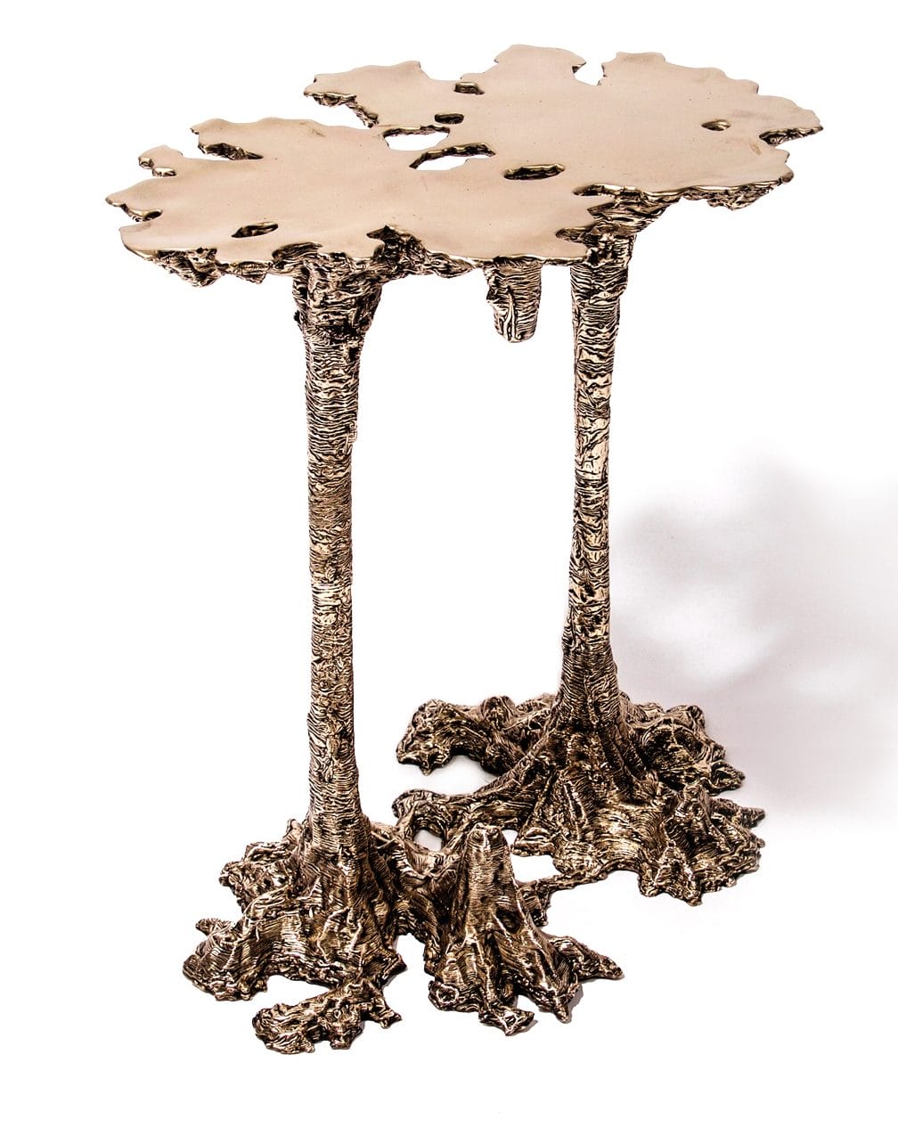 Unique bronze sculpture with intricate textures, featuring two tall, tree-like structures with roots on a white background.