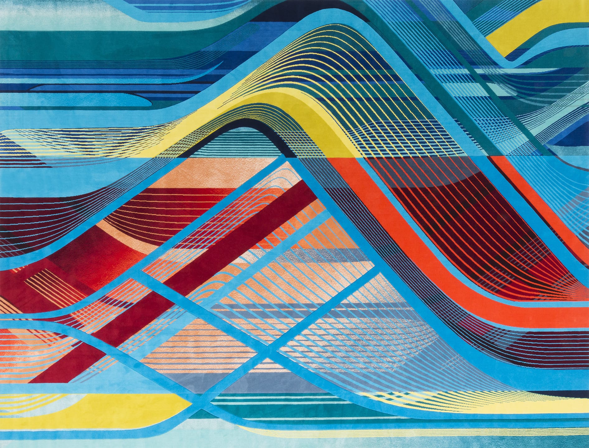 Abstract art with vibrant, flowing lines and geometric patterns in blue, red, yellow, and orange.