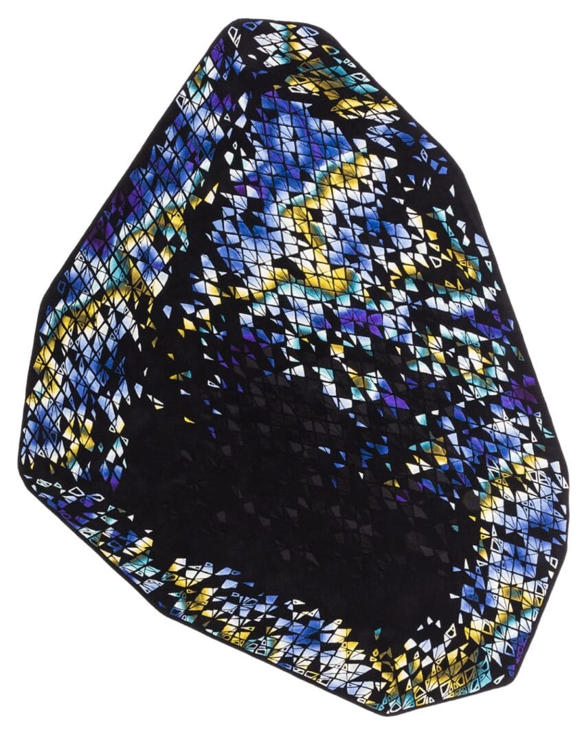 Abstract mosaic artwork with a geometric pattern, featuring vibrant blues, yellows, and whites on a dark background.