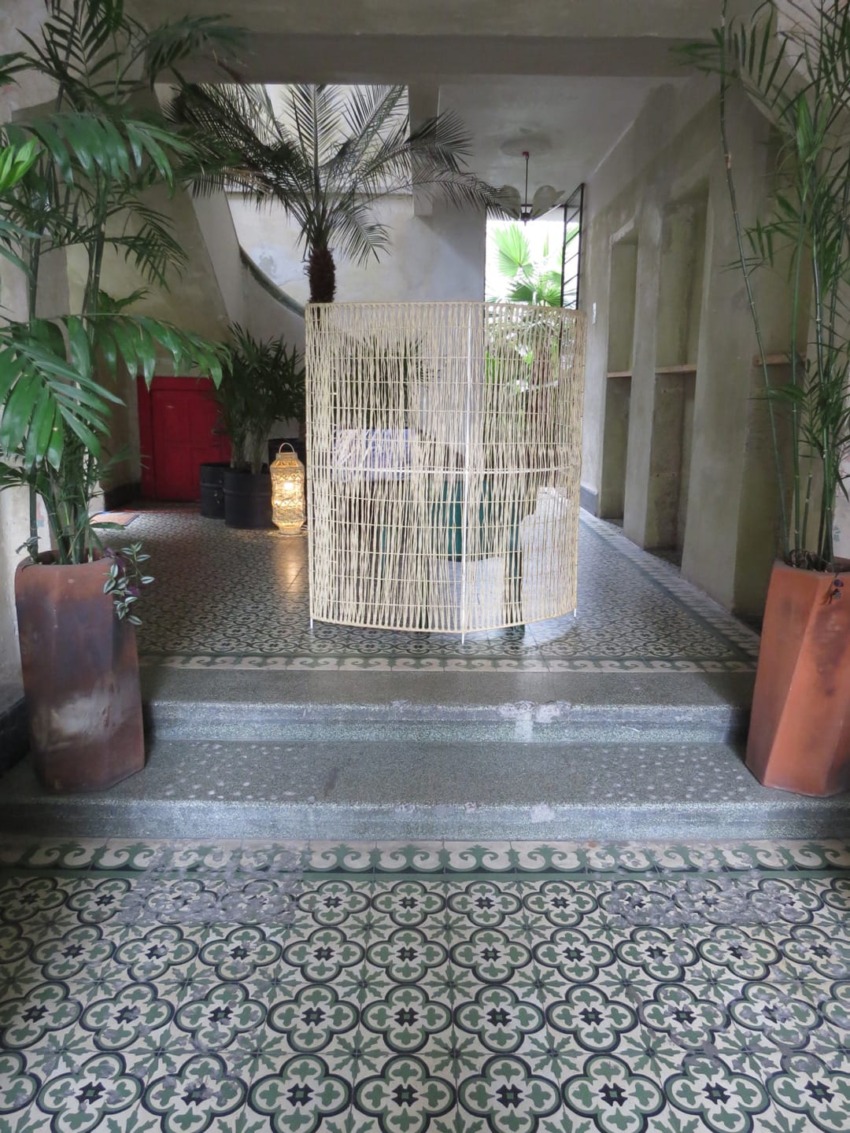 Indoor space with patterned tile floor, wicker partition, tall green plants, and a red door in the background.
