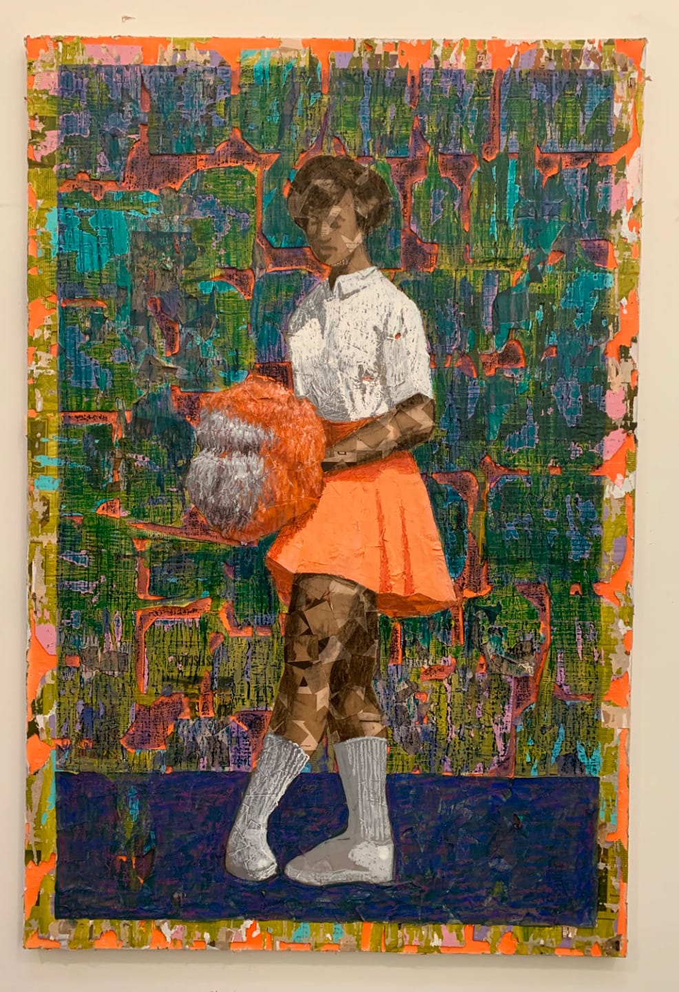Abstract painting of a person holding a vibrant orange object, wearing a white shirt and orange skirt against a colorful backdrop.