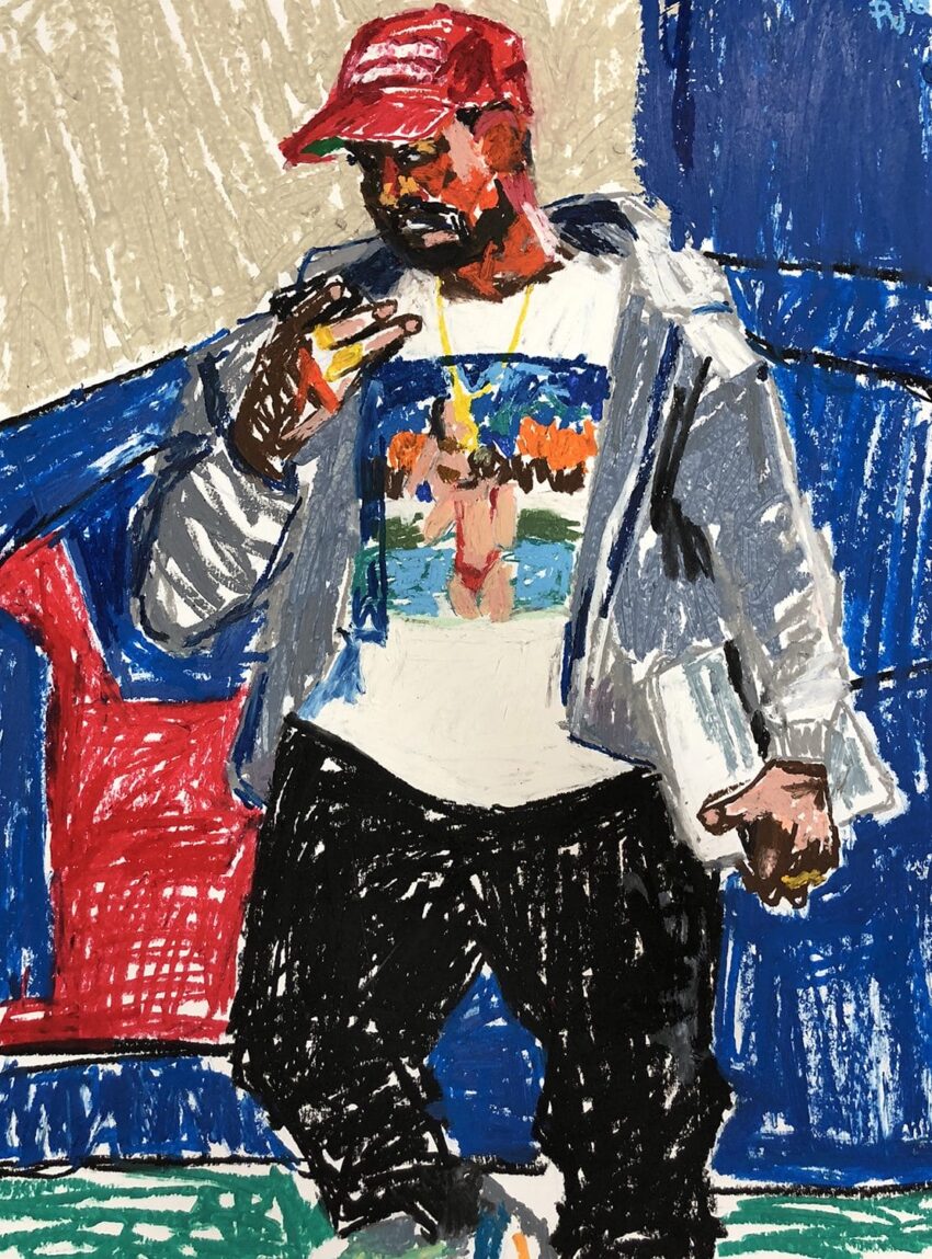 Abstract drawing of a person in casual attire and a red cap, holding a drink, with a colorful background.