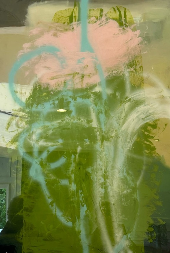 Abstract painting with green, pink, and blue brushstrokes creating a dynamic and layered texture.