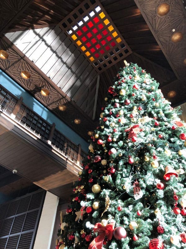 A towering Christmas tree within the Fairmont Royal Palm Marrakech.