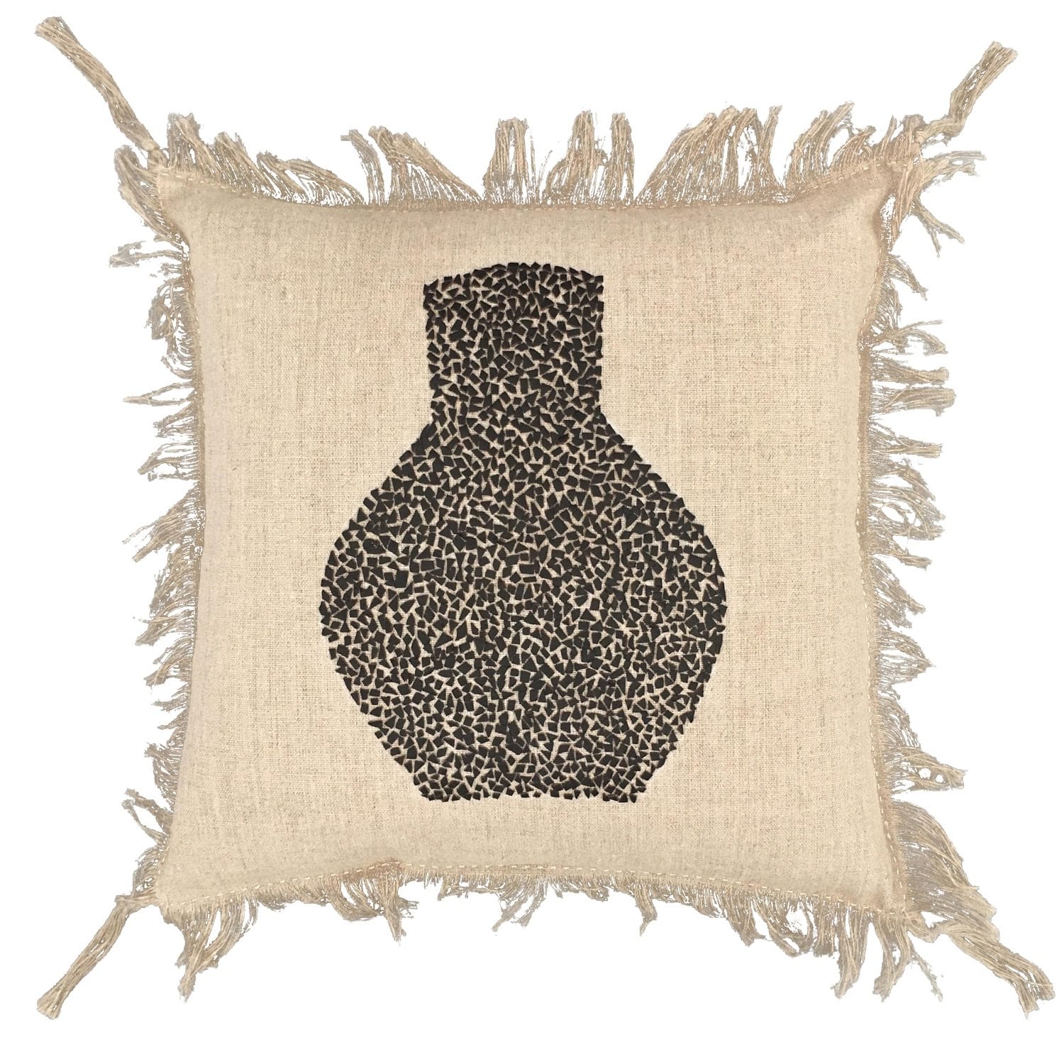 Beige throw pillow with a black vase pattern and fringe edges against a white background.