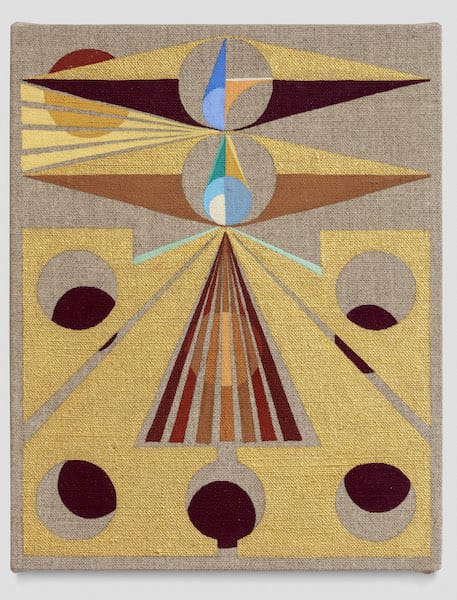 Abstract geometric artwork with symmetrical patterns in earth tones, featuring triangles, circles, and lines on a textured background