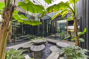 Modern glass building courtyard with large banana plants, round stone tables, and black pebbles creating a serene atmosphere.