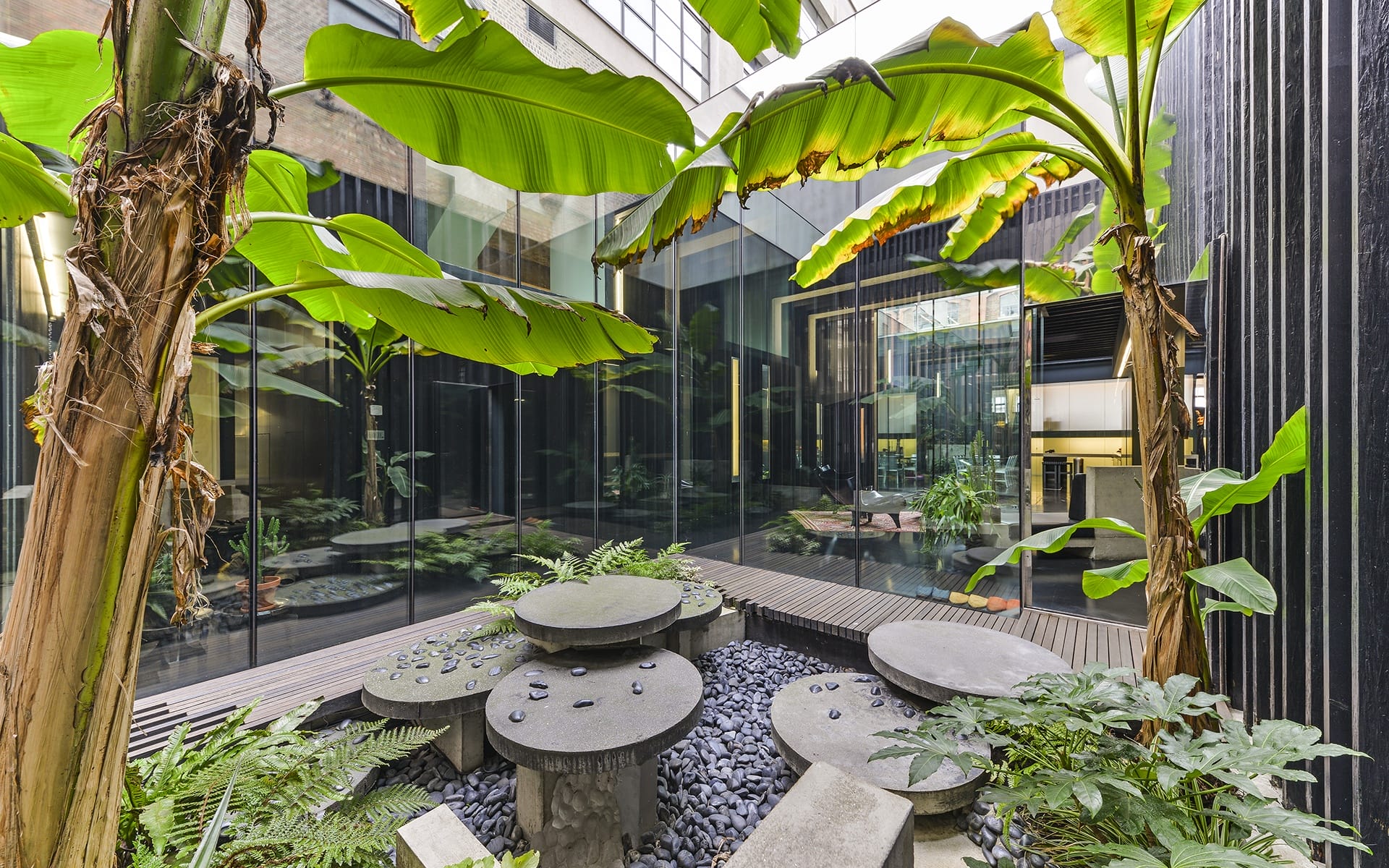 Modern glass building courtyard with large banana plants, round stone tables, and black pebbles creating a serene atmosphere.