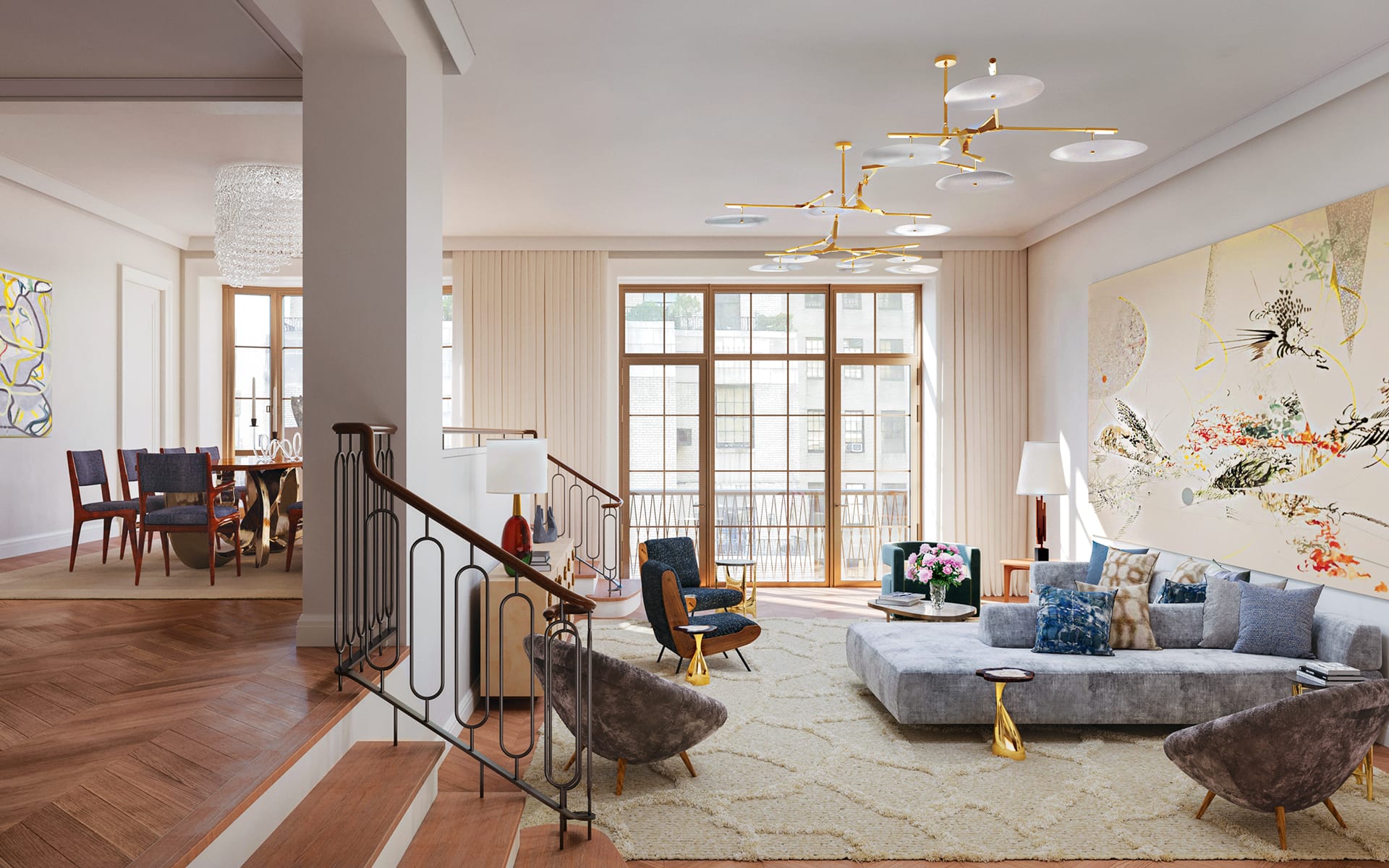 Spacious modern living room with elegant furniture, large windows, stylish lighting, and abstract wall art.
