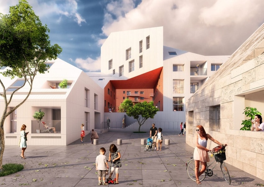 Modern mixed-use building with people strolling and cycling in a sunny courtyard, surrounded by trees and geometric architecture.