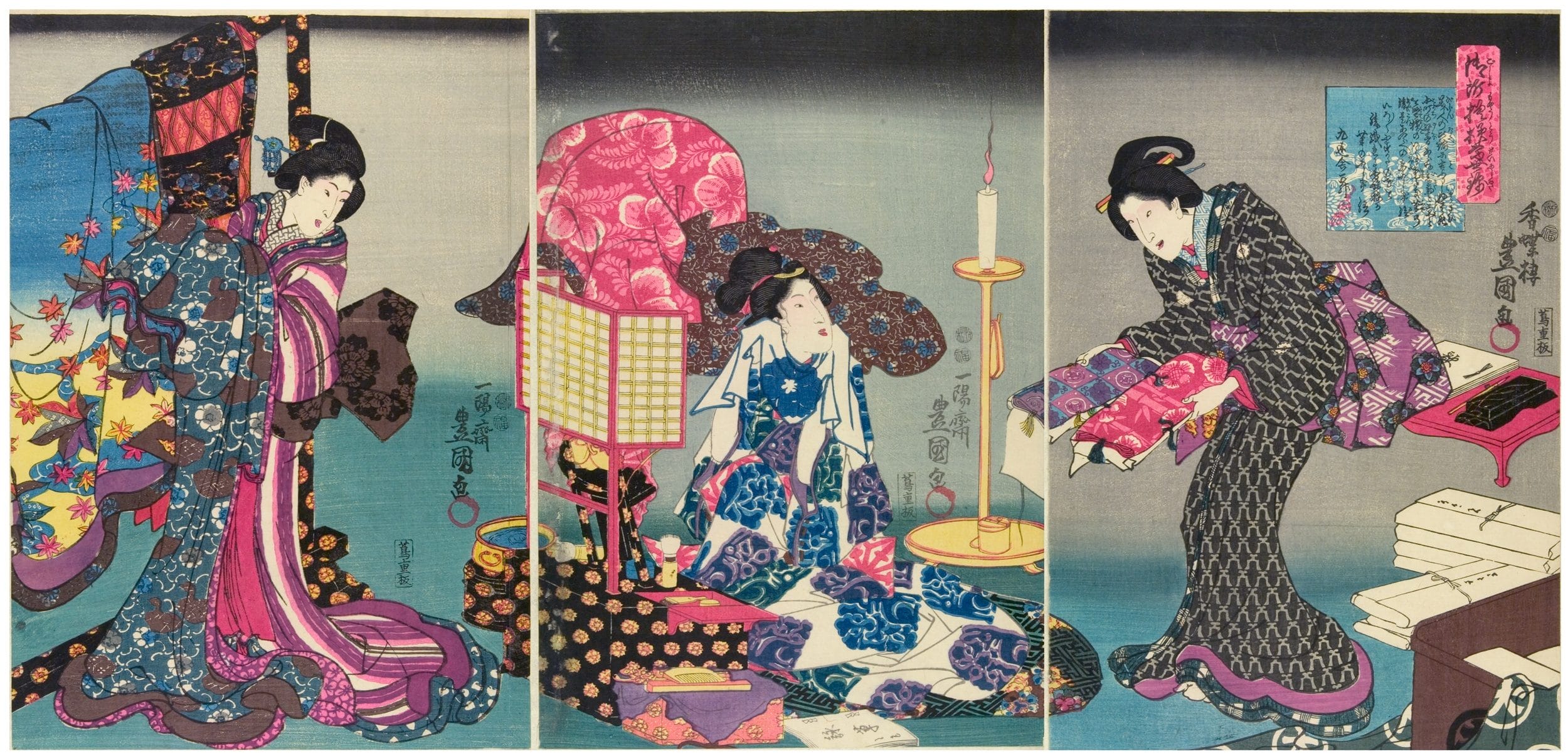 Japanese triptych woodblock print depicting elegantly dressed women engaging in activities, with intricate patterns and vivid colors.