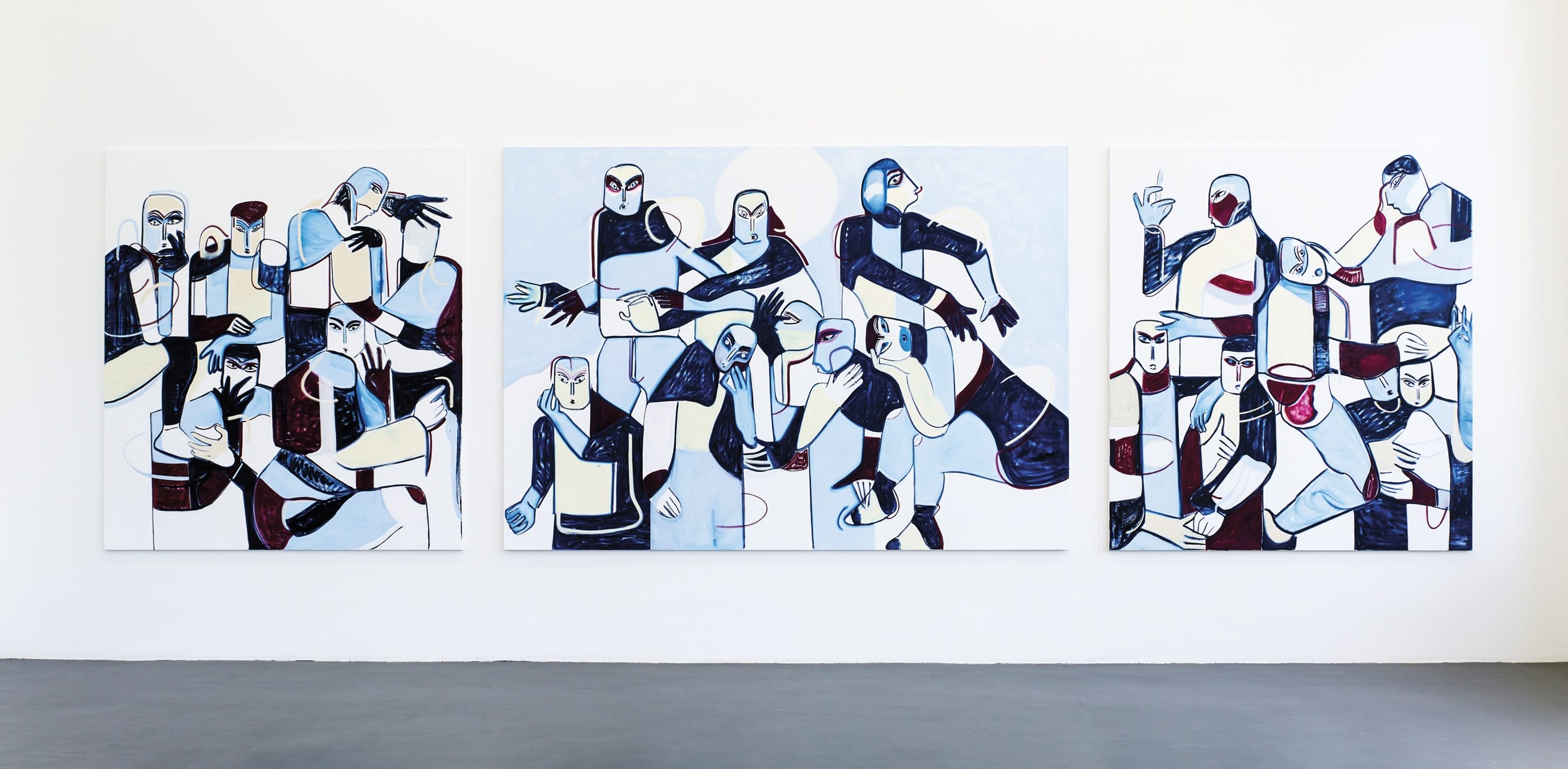 Three abstract paintings featuring human figures in dynamic poses on a gallery wall.
