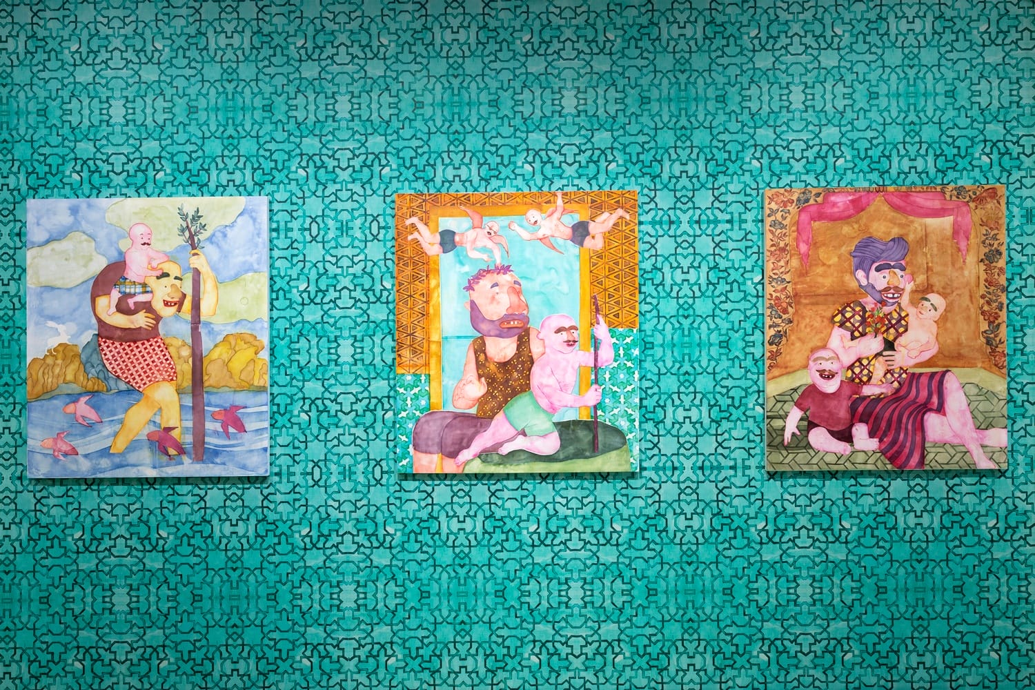 Three colorful paintings of mythological scenes on a patterned teal wall, each featuring different human-like figures.
