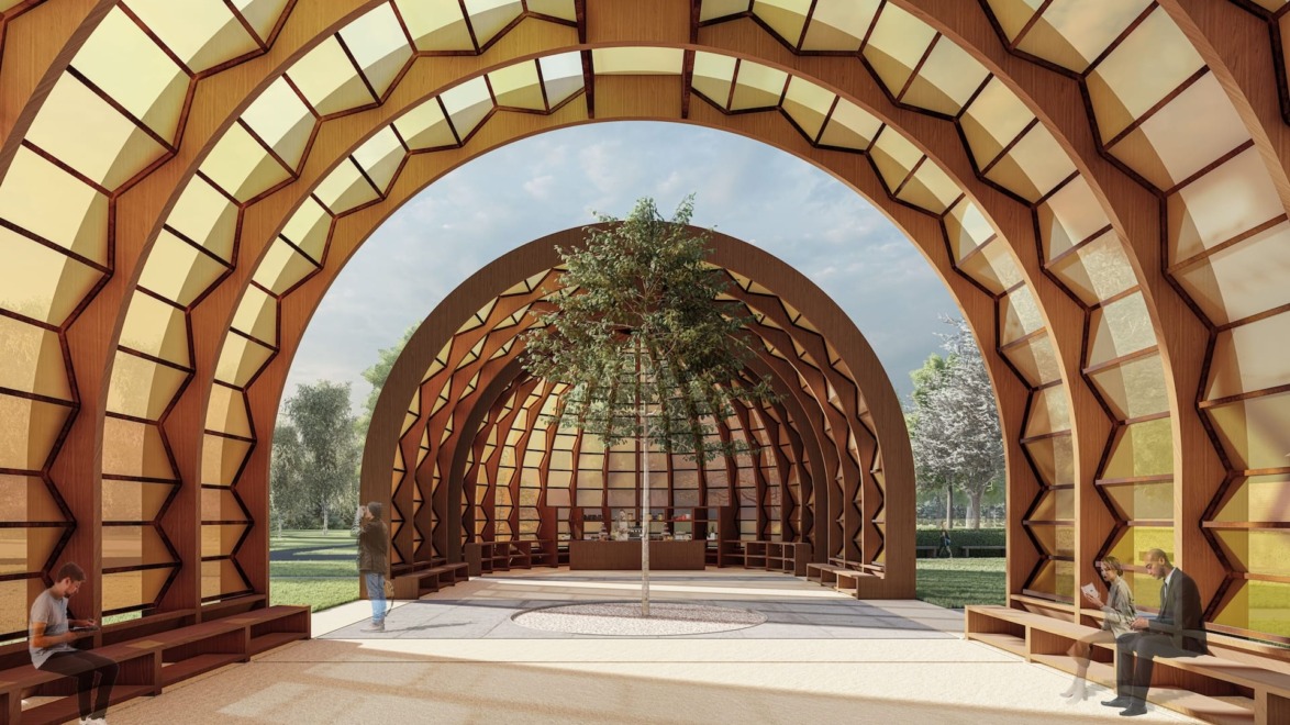 Rendering of “A Capsule in Time,” the 2025 Serpentine Pavilion by Marina Tabassum Architects.