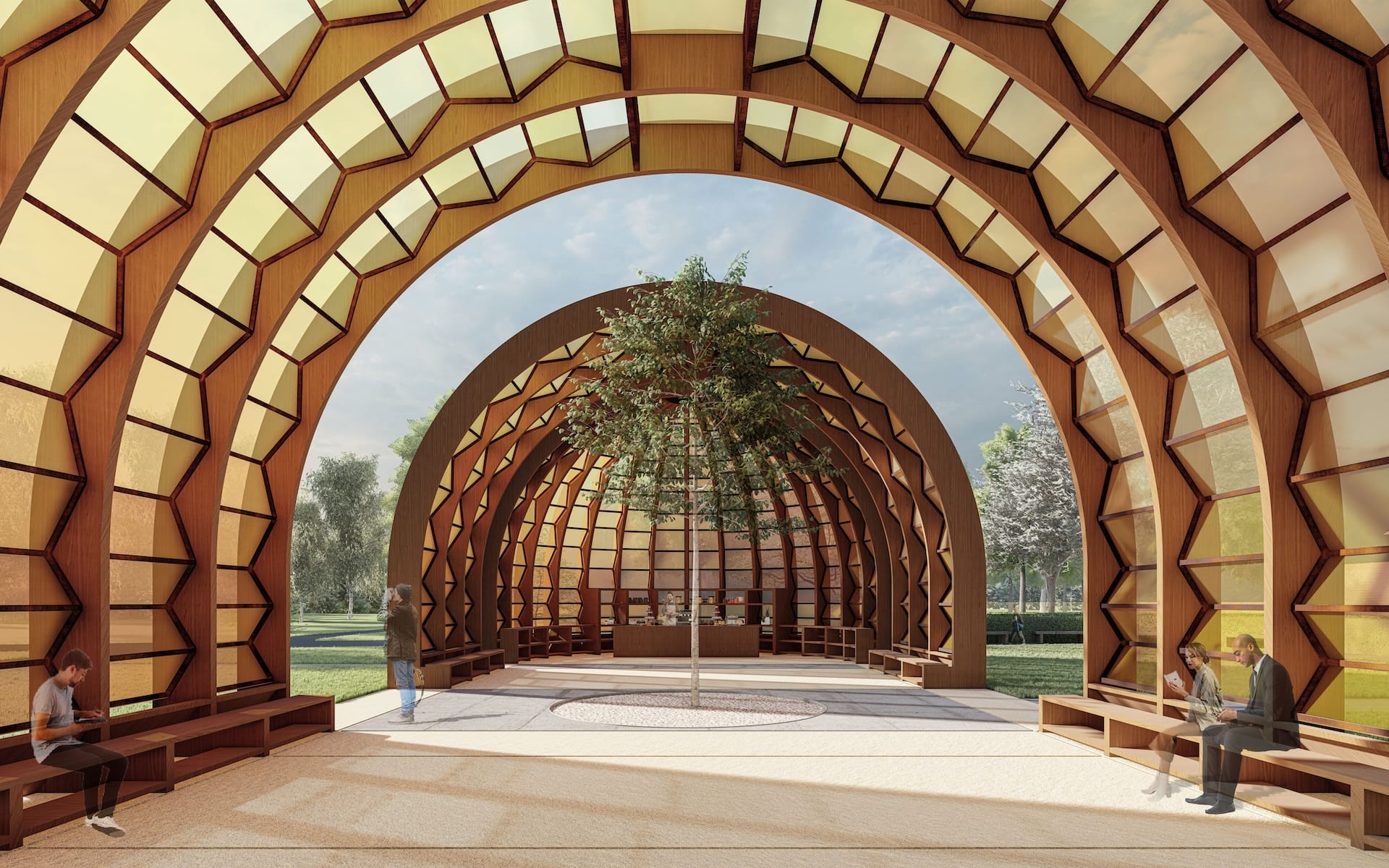 Rendering of “A Capsule in Time,” the 2025 Serpentine Pavilion by Marina Tabassum Architects.