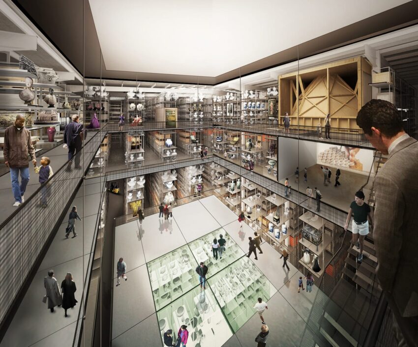 Conceptual design of a modern, multi-level museum interior with people exploring various exhibits and installations.