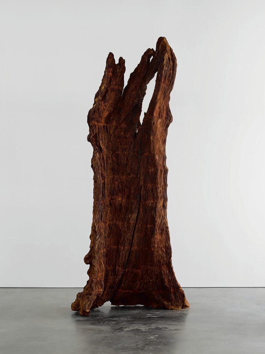 Large wooden sculpture resembling a tree trunk displayed in a minimalist gallery setting with a concrete floor.