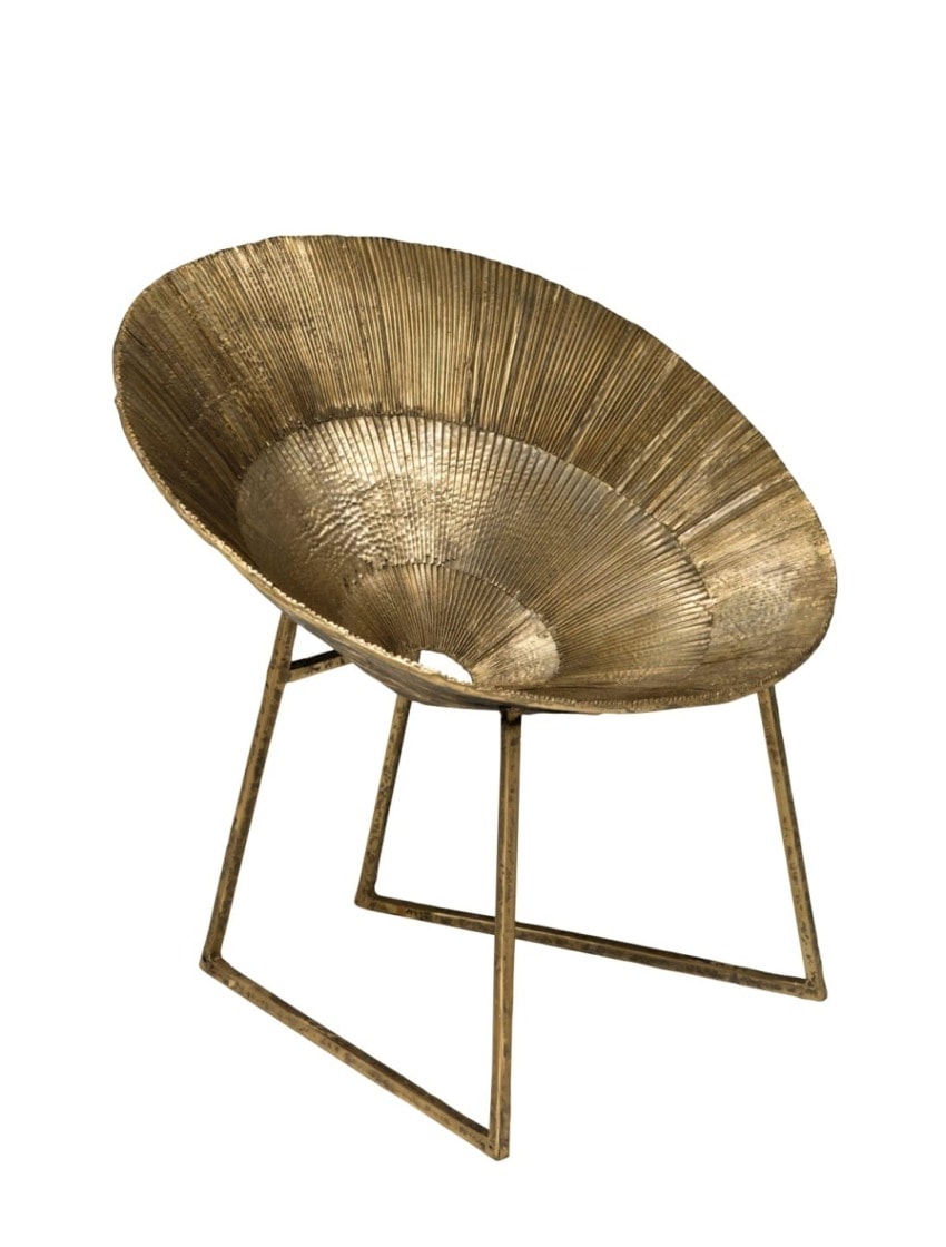 Gold textured metal chair with a unique bowl-shaped design and geometric legs. Ideal for modern and stylish interiors.