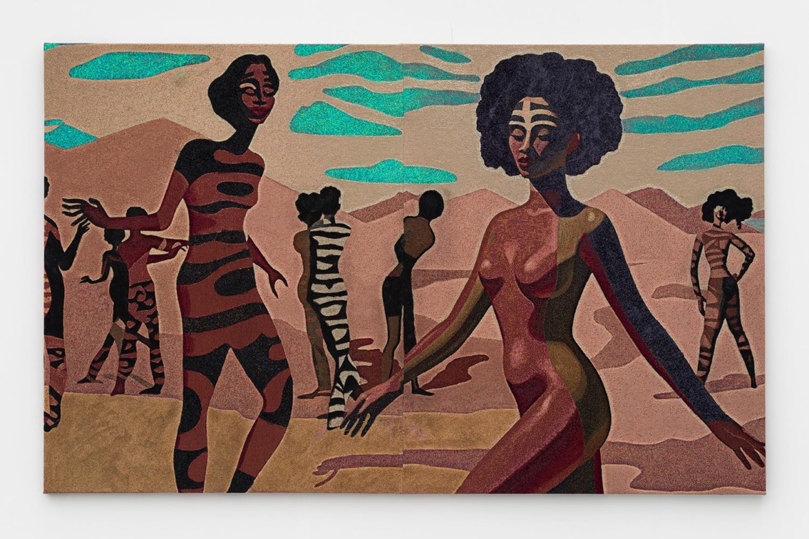 Abstract painting of people with striped bodies in a desert landscape, under a sky with blue clouds.