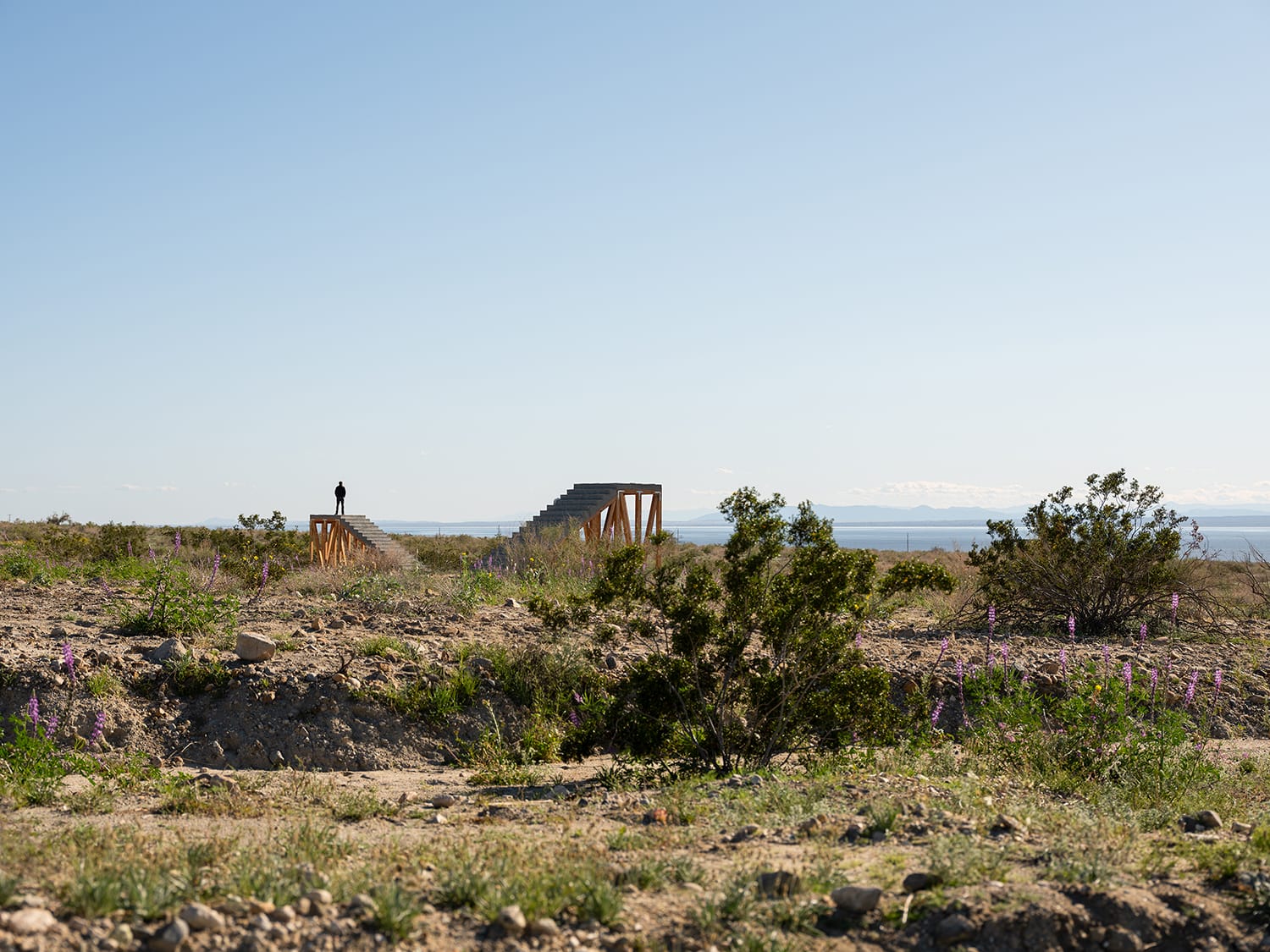 Wooden staircase in a desert landscape with a solitary person standing on the platform against a clear blue sky.